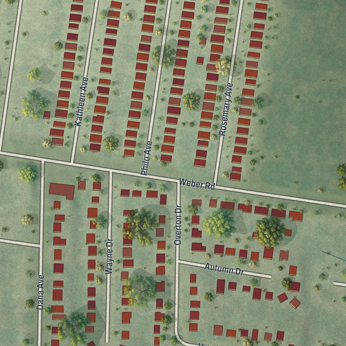Close-up of the map of Wilbur Park, Missouri print showing street and building detail