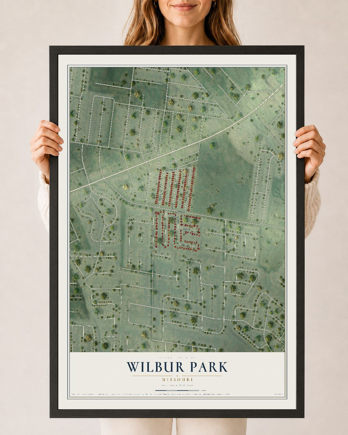 Map of Wilbur Park, Missouri, 24 x 36 inch print in a black wood frame