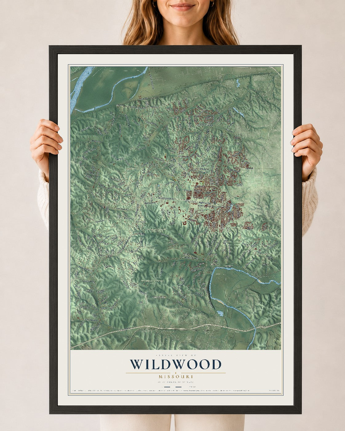 Map of Wildwood, Missouri, 24 x 36 inch print in a black wood frame