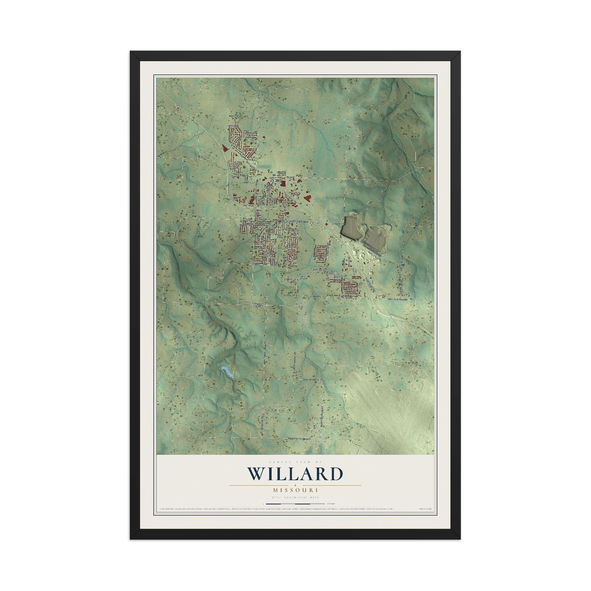 Map of Willard, Missouri, 12 x 18 inch print in a black wood frame