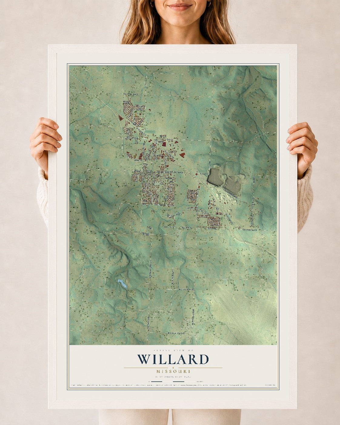 Map of Willard, Missouri, 24 x 36 inch print in a white wood frame