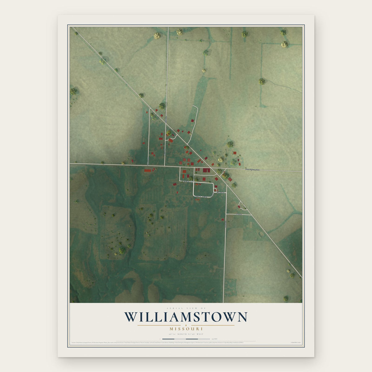 Williamstown, Missouri map print, the full design