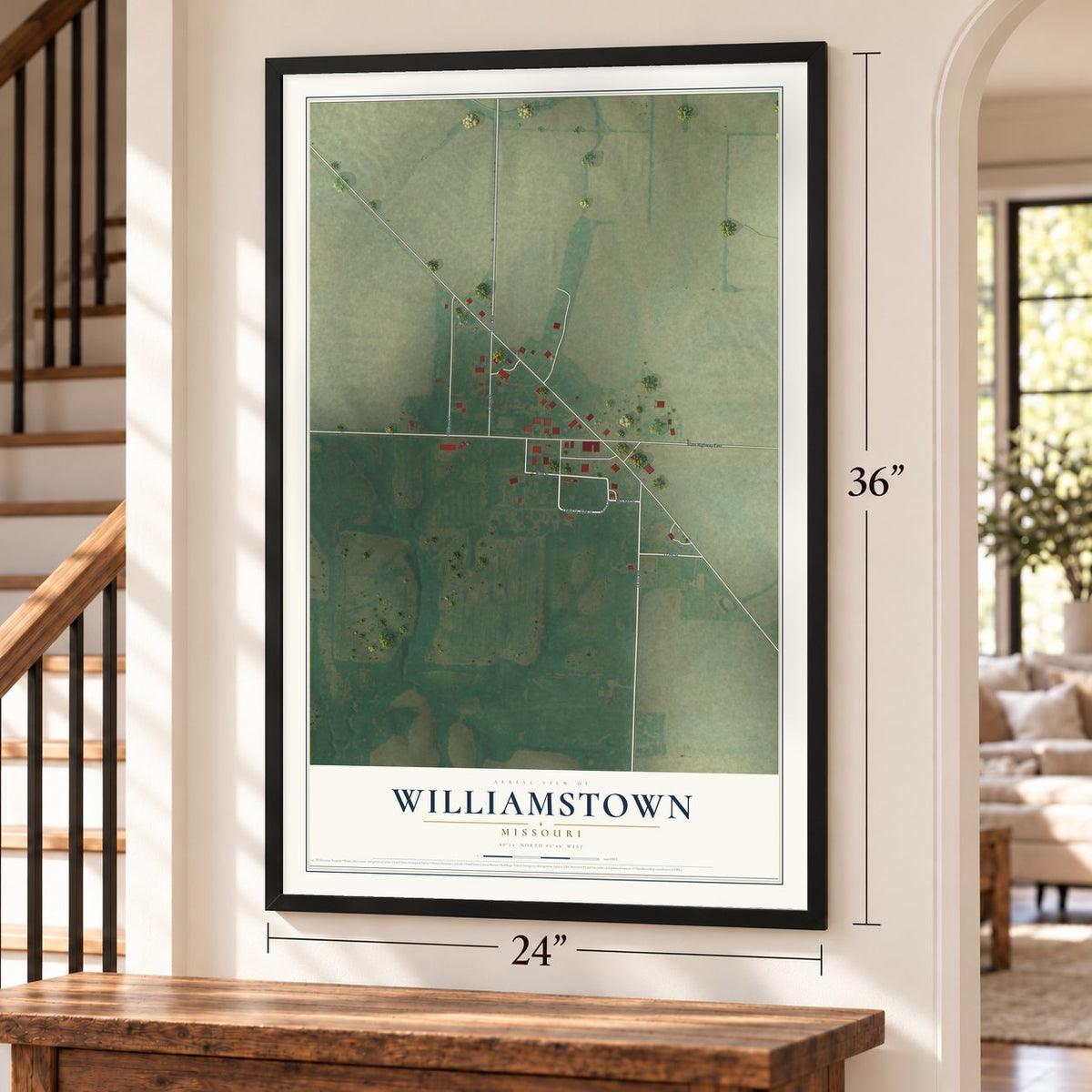 Williamstown, Missouri map, 24 x 36 inch print in a black frame by a staircase