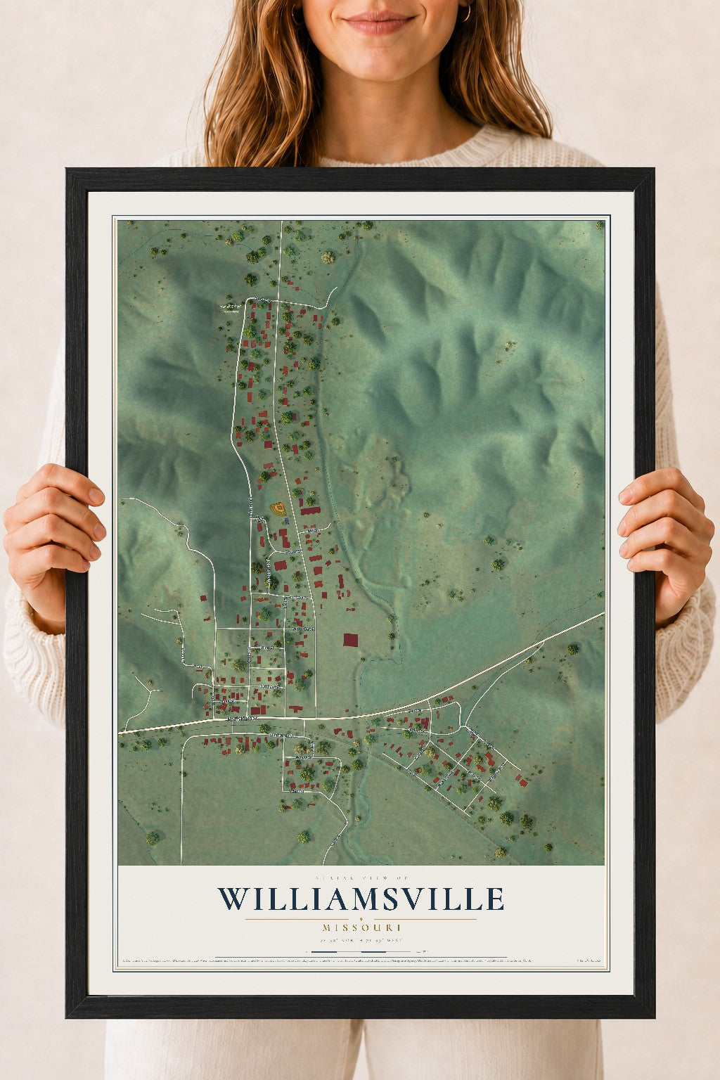 Map of Williamsville, Missouri, 18 x 24 inch print in a black wood frame