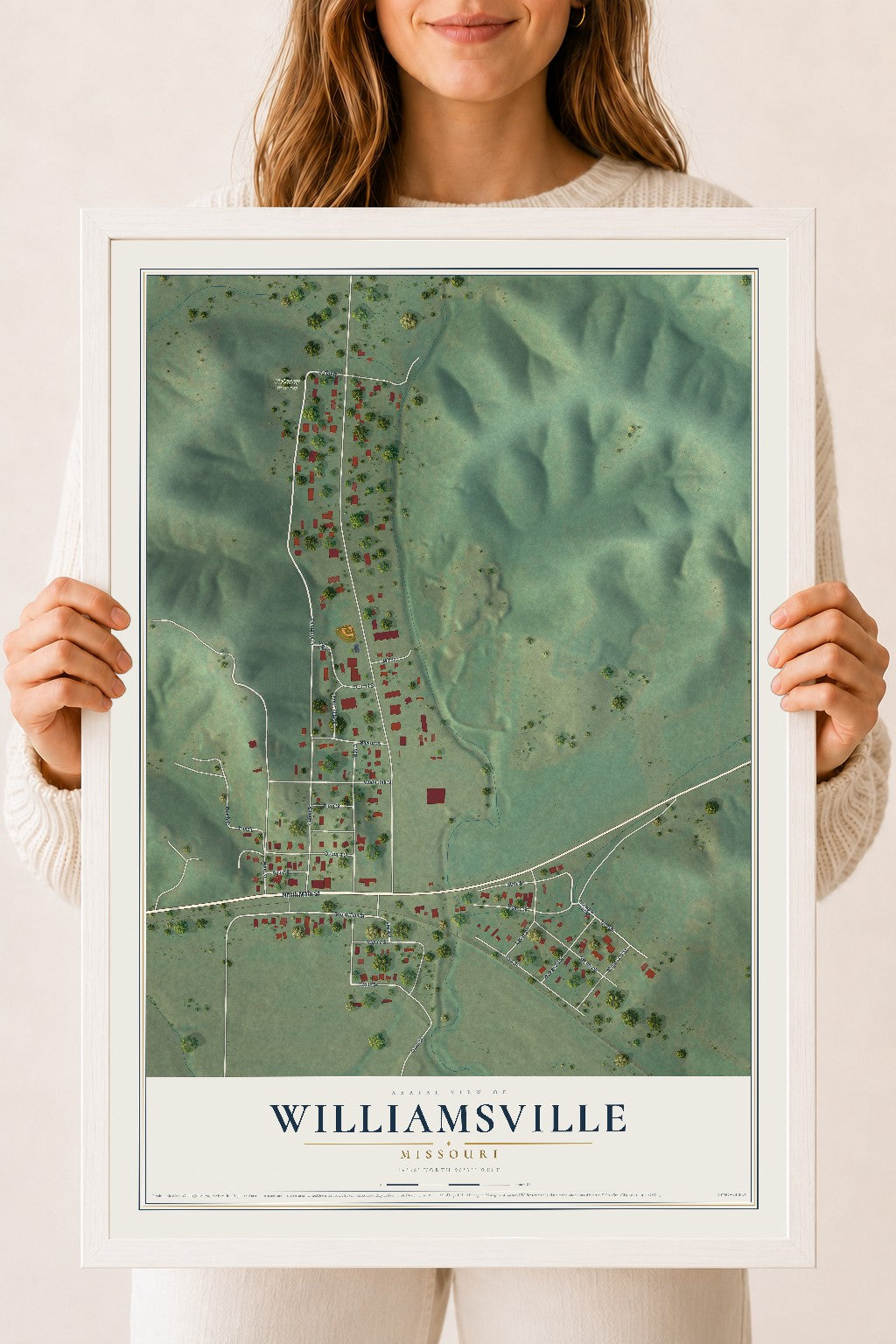 Map of Williamsville, Missouri, 18 x 24 inch print in a white wood frame