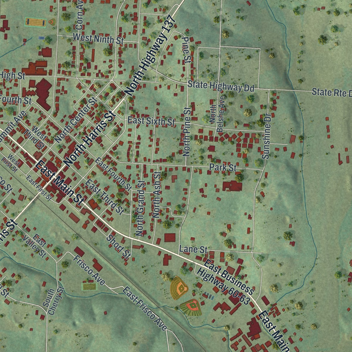 Close-up of the map of Willow Springs, Missouri print showing street and building detail