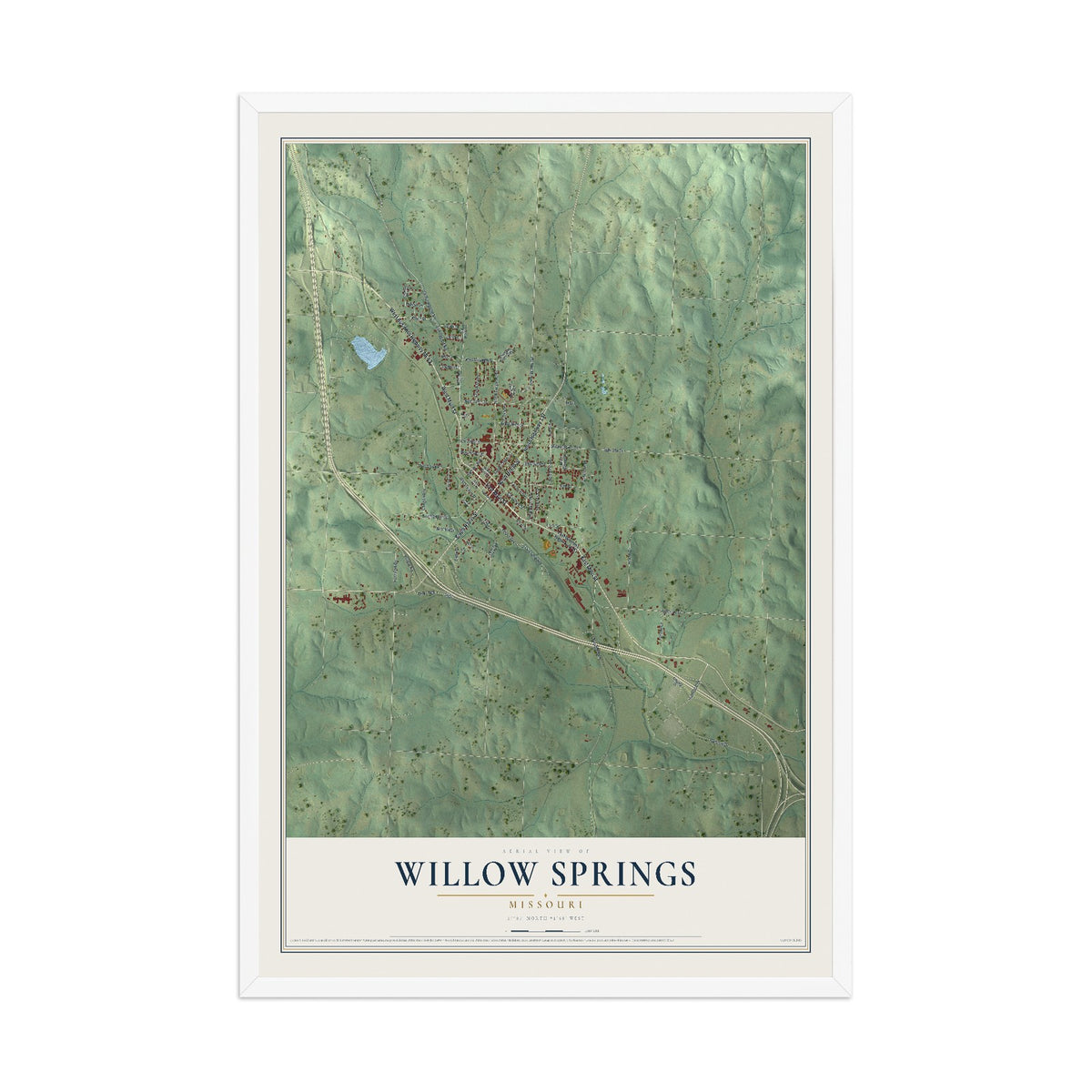 Map of Willow Springs, Missouri, 12 x 18 inch print in a white wood frame
