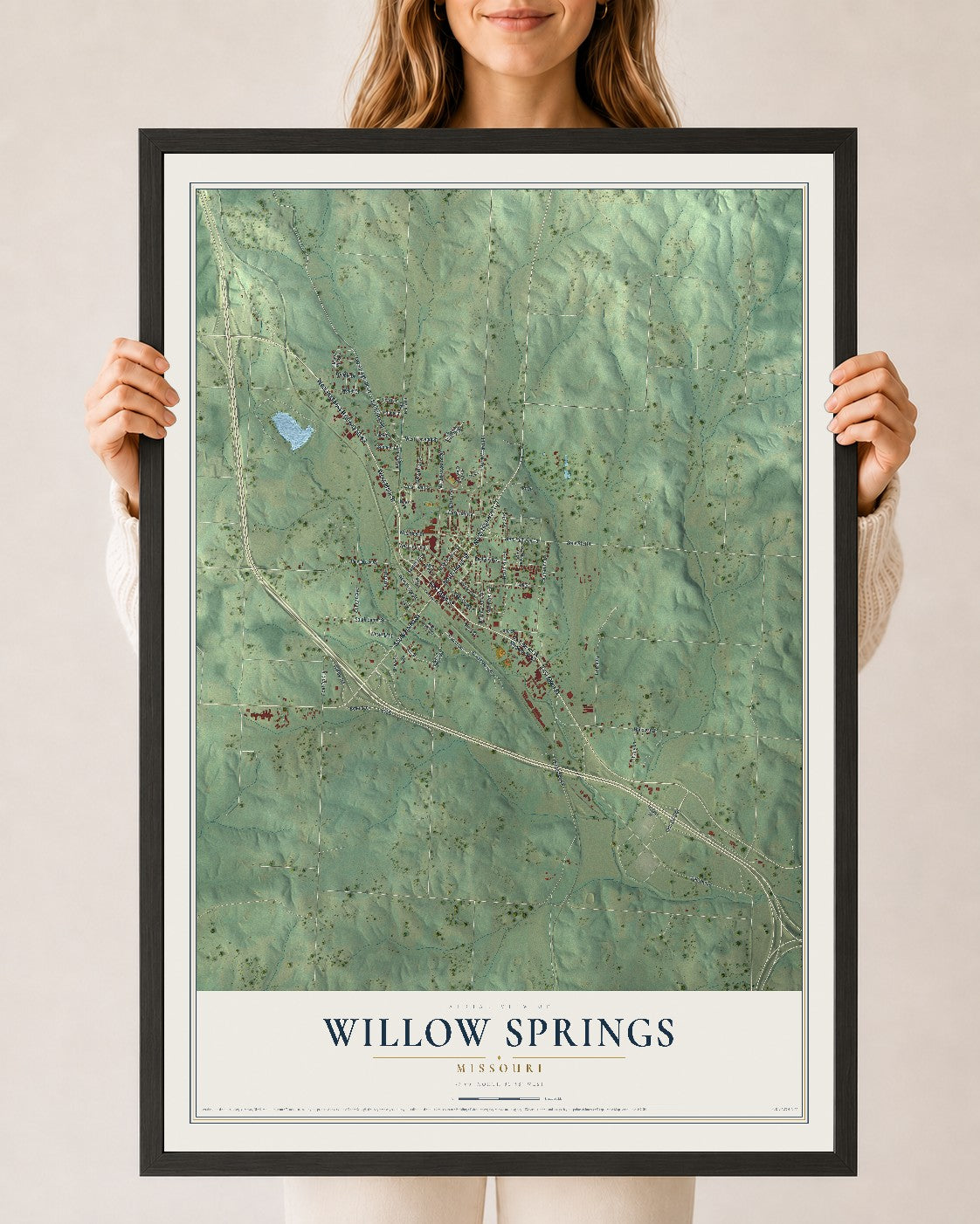 Map of Willow Springs, Missouri, 24 x 36 inch print in a black wood frame