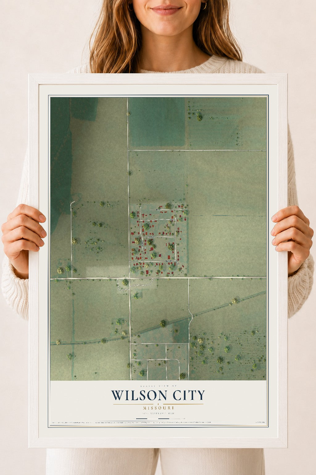 Map of Wilson City, Missouri, 18 x 24 inch print in a white wood frame