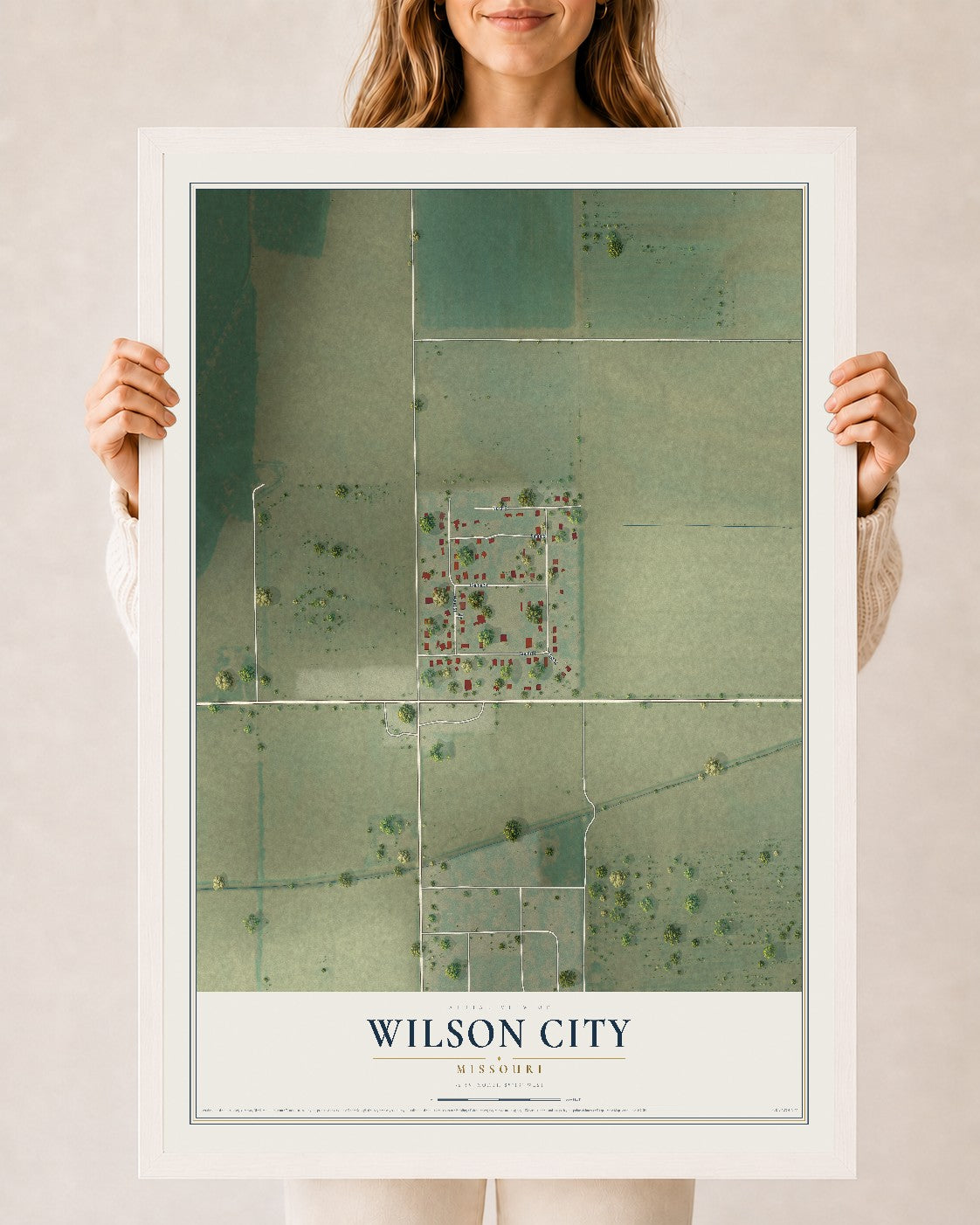 Map of Wilson City, Missouri, 24 x 36 inch print in a white wood frame