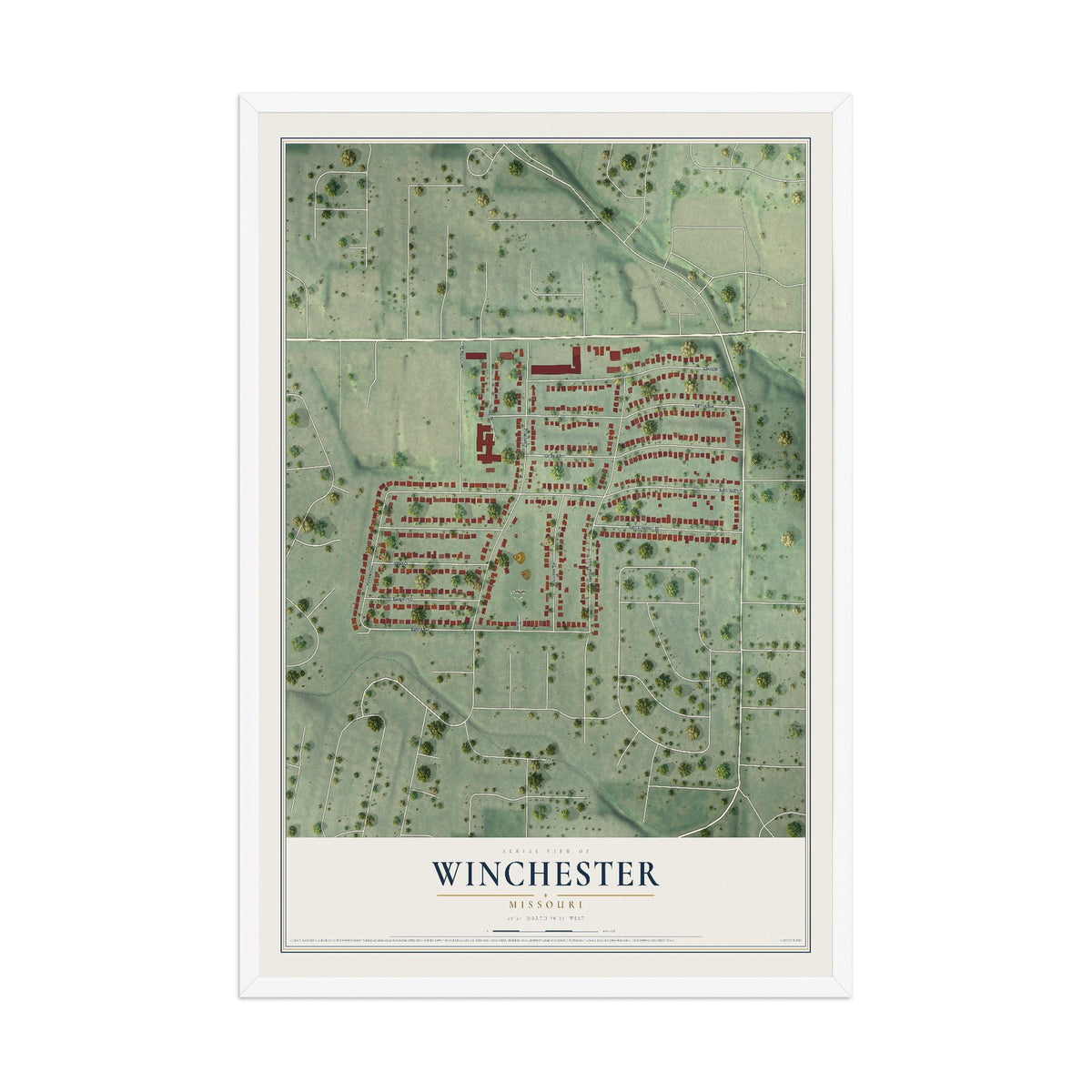 Map of Winchester, Missouri, 12 x 18 inch print in a white wood frame