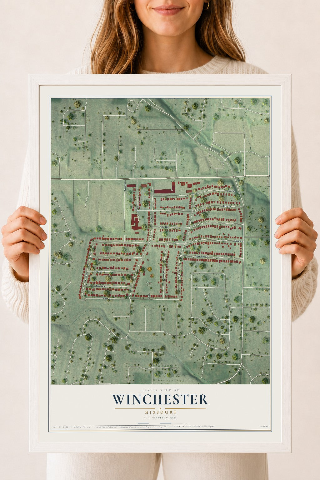 Map of Winchester, Missouri, 18 x 24 inch print in a white wood frame