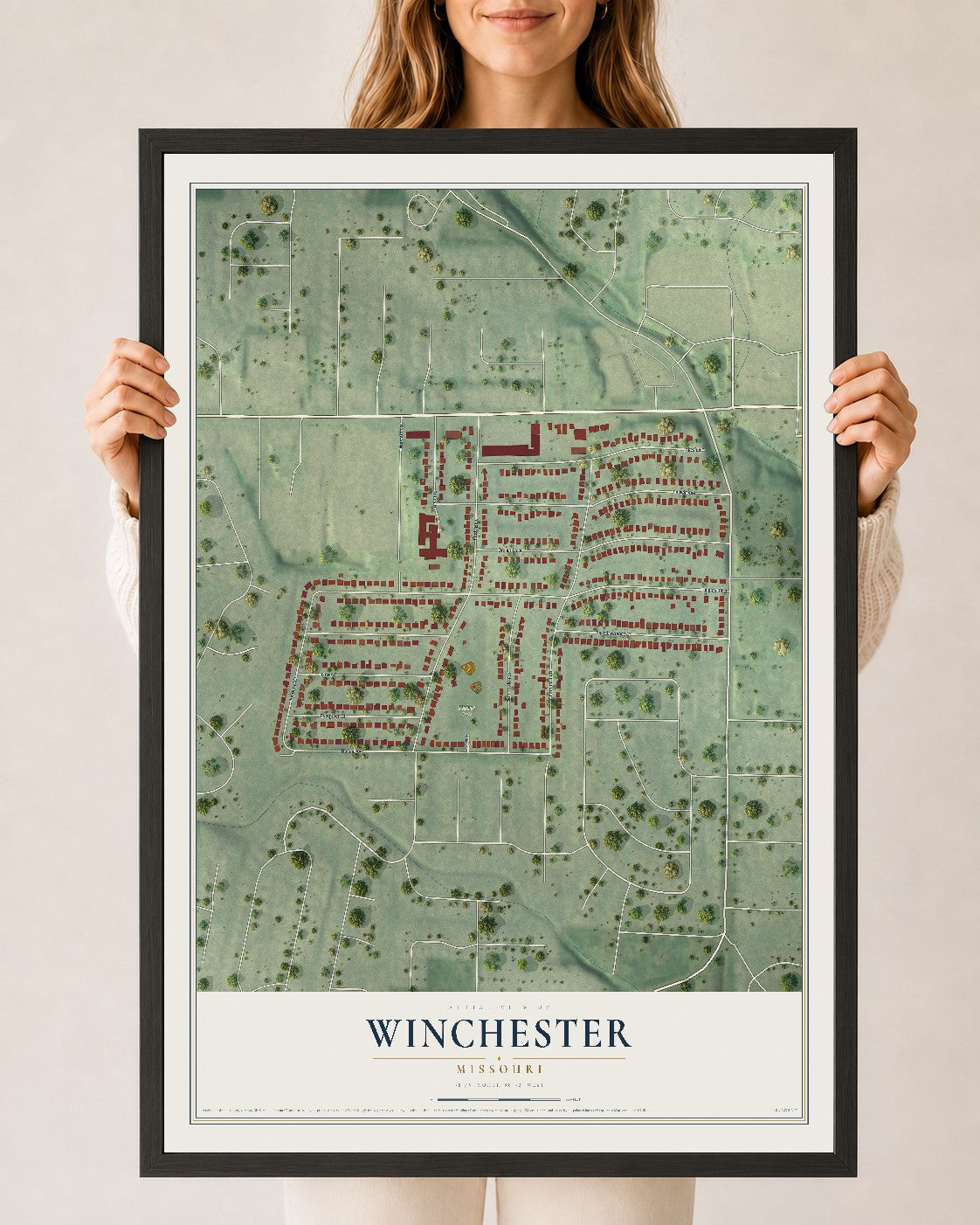 Map of Winchester, Missouri, 24 x 36 inch print in a black wood frame
