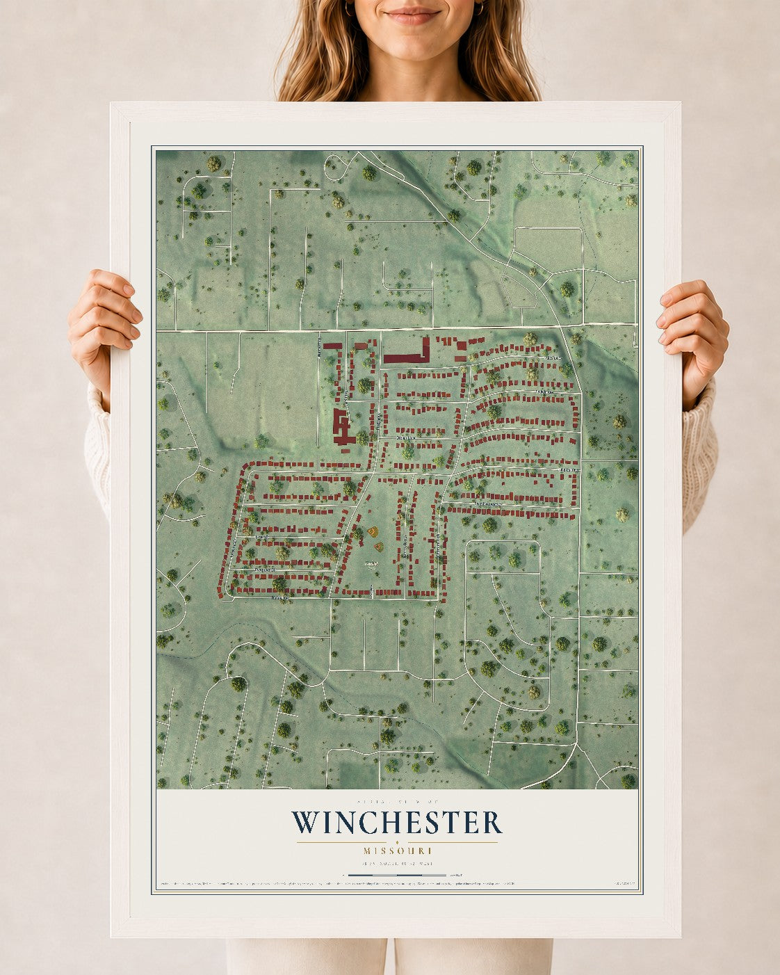 Map of Winchester, Missouri, 24 x 36 inch print in a white wood frame