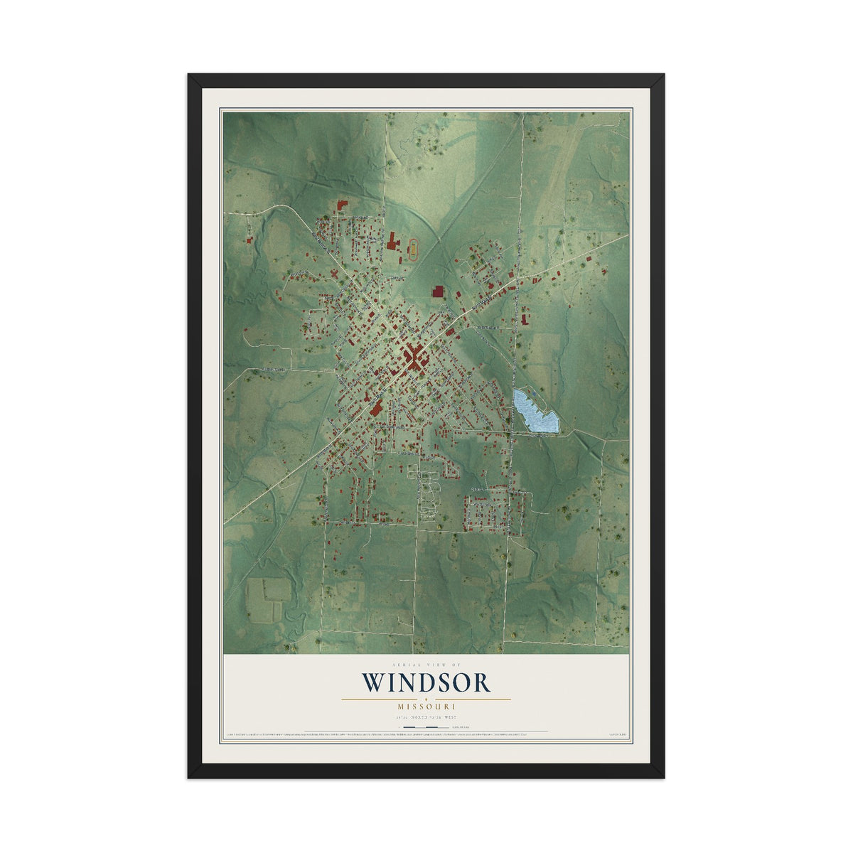 Map of Windsor, Missouri, 12 x 18 inch print in a black wood frame
