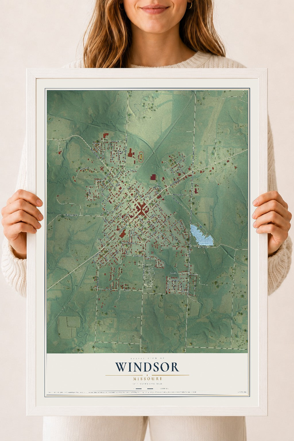 Map of Windsor, Missouri, 18 x 24 inch print in a white wood frame