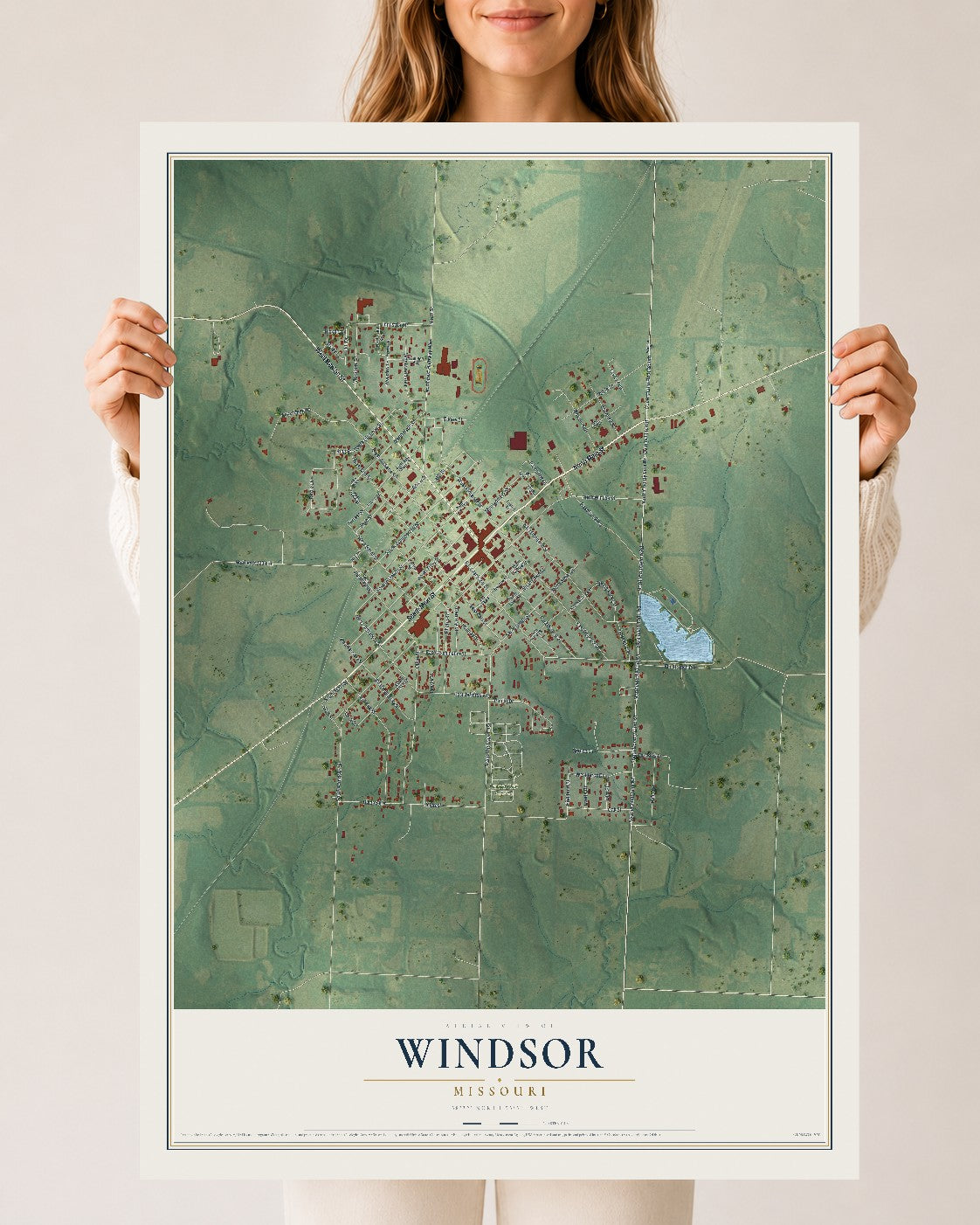 Map of Windsor, Missouri, 24 x 36 inch unframed archival matte print