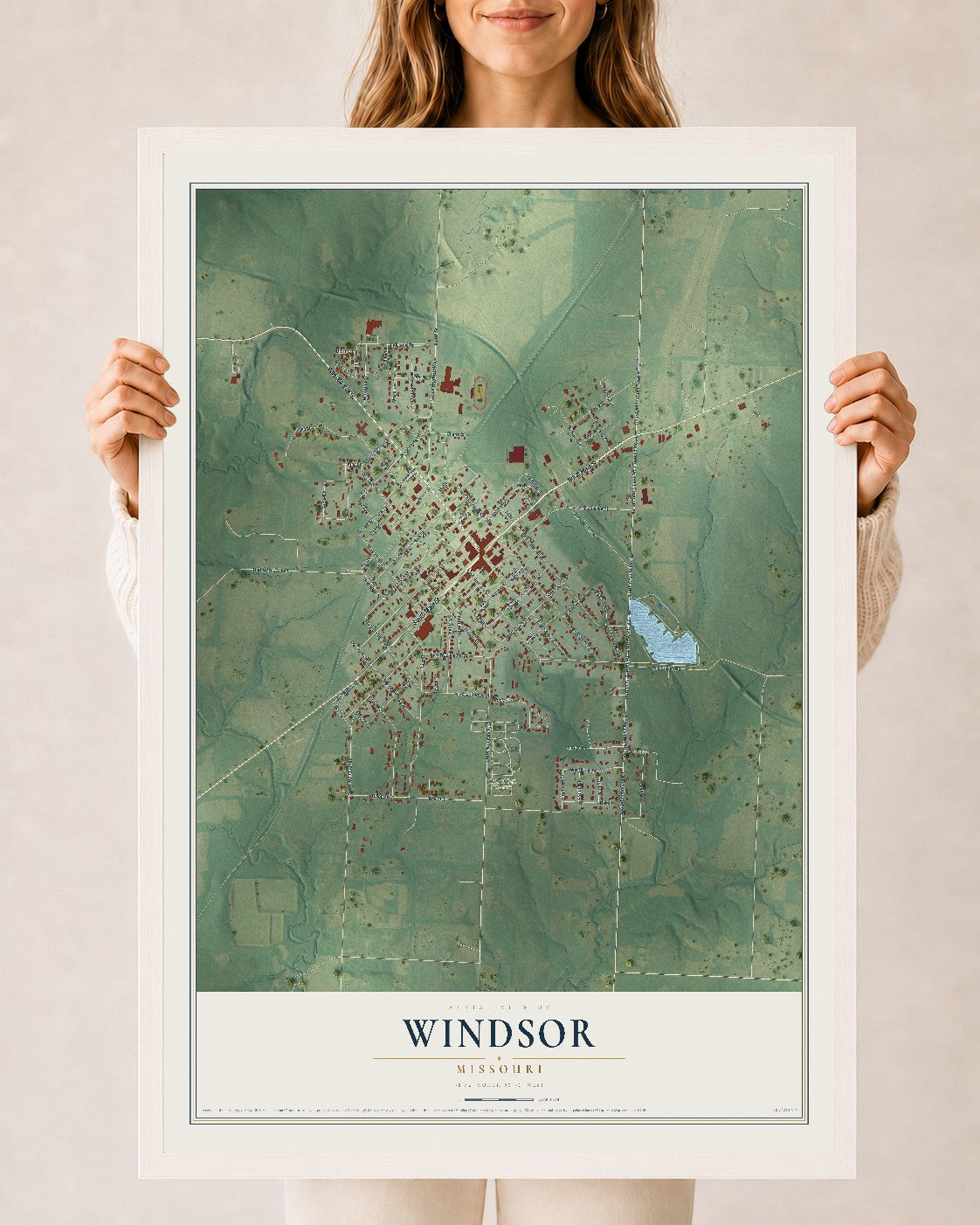 Map of Windsor, Missouri, 24 x 36 inch print in a white wood frame