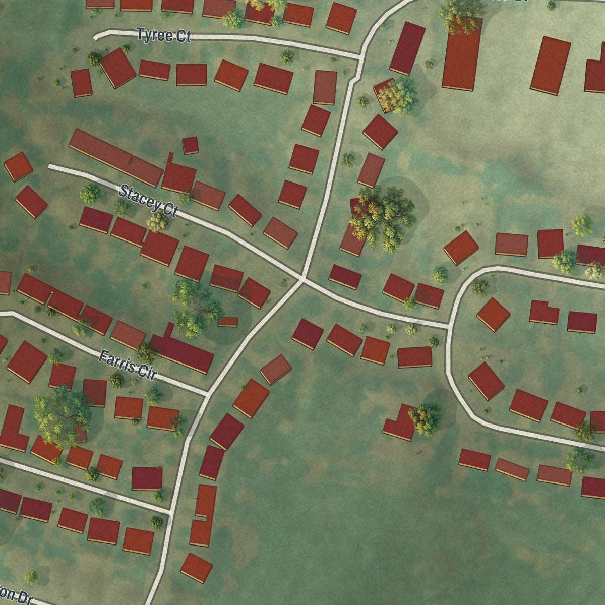 Second close-up of the map of Windsor Place, Missouri print showing more streets and buildings