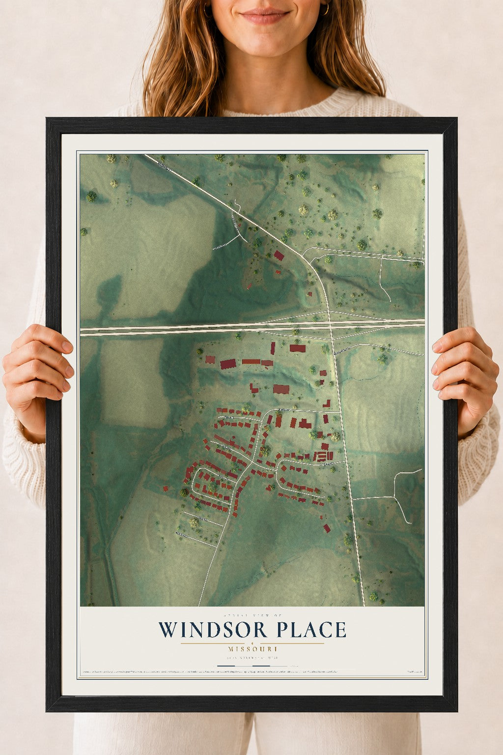 Map of Windsor Place, Missouri, 18 x 24 inch print in a black wood frame