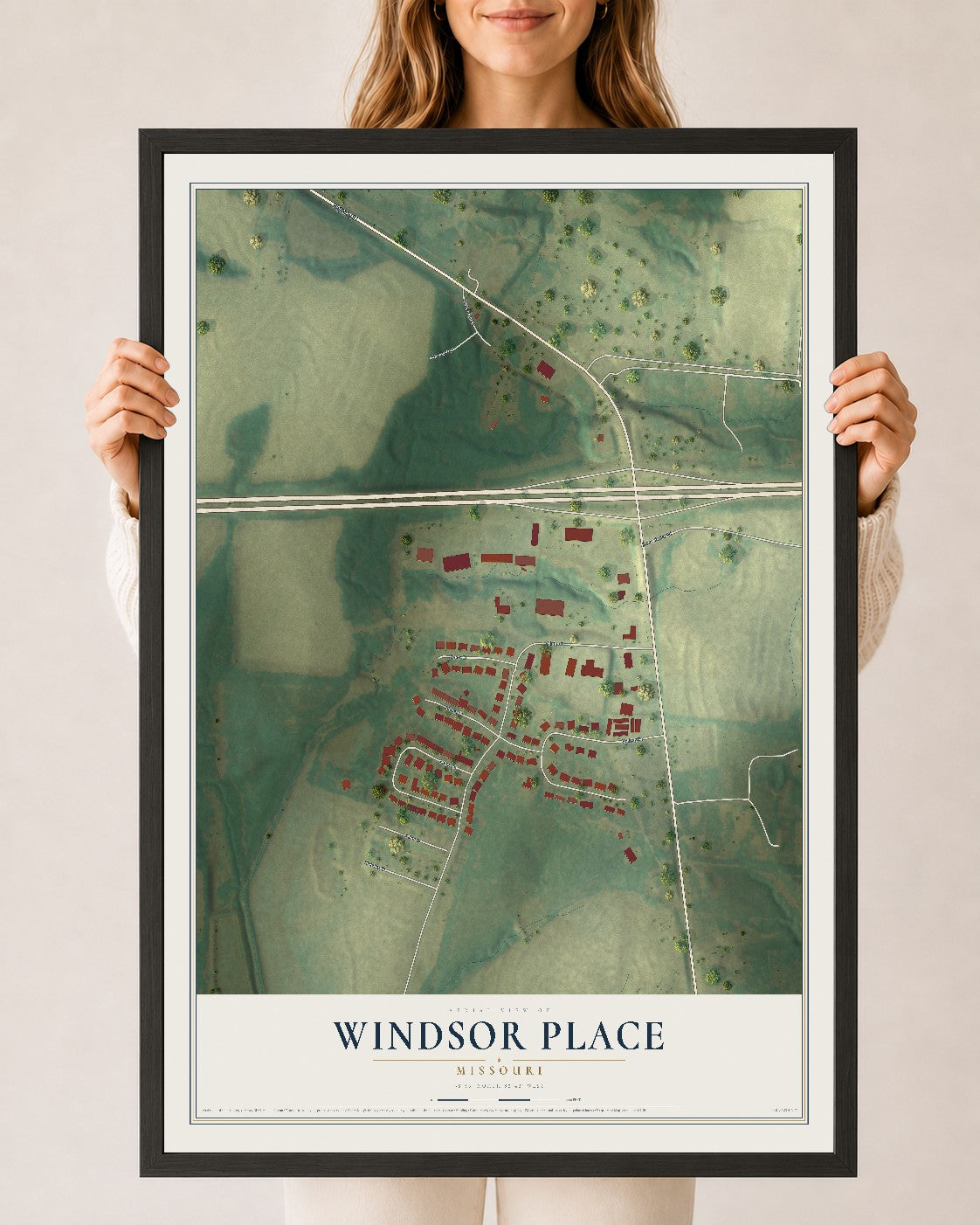 Map of Windsor Place, Missouri, 24 x 36 inch print in a black wood frame