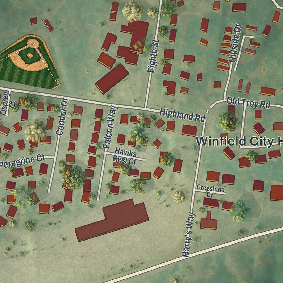 Close-up of the map of Winfield, Missouri print showing street and building detail