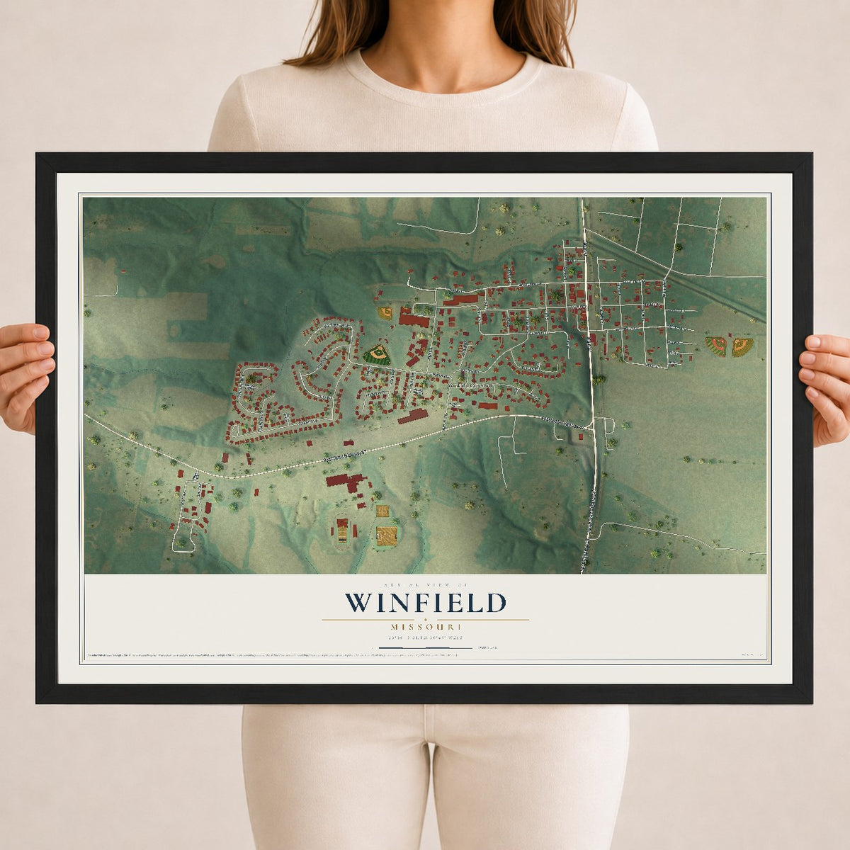 Map of Winfield, Missouri, 18 x 24 inch print in a black wood frame