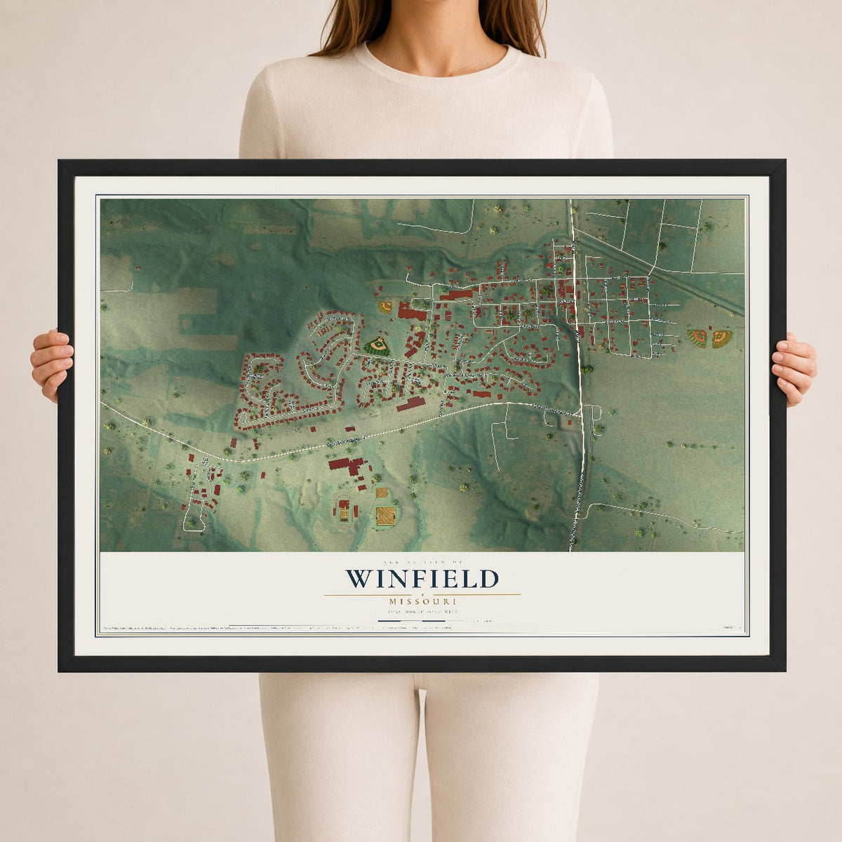 Map of Winfield, Missouri, 24 x 36 inch print in a black wood frame