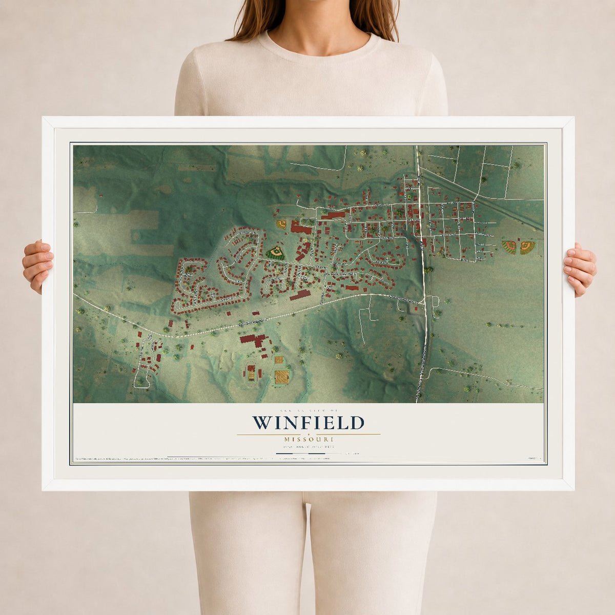 Map of Winfield, Missouri, 24 x 36 inch print in a white wood frame