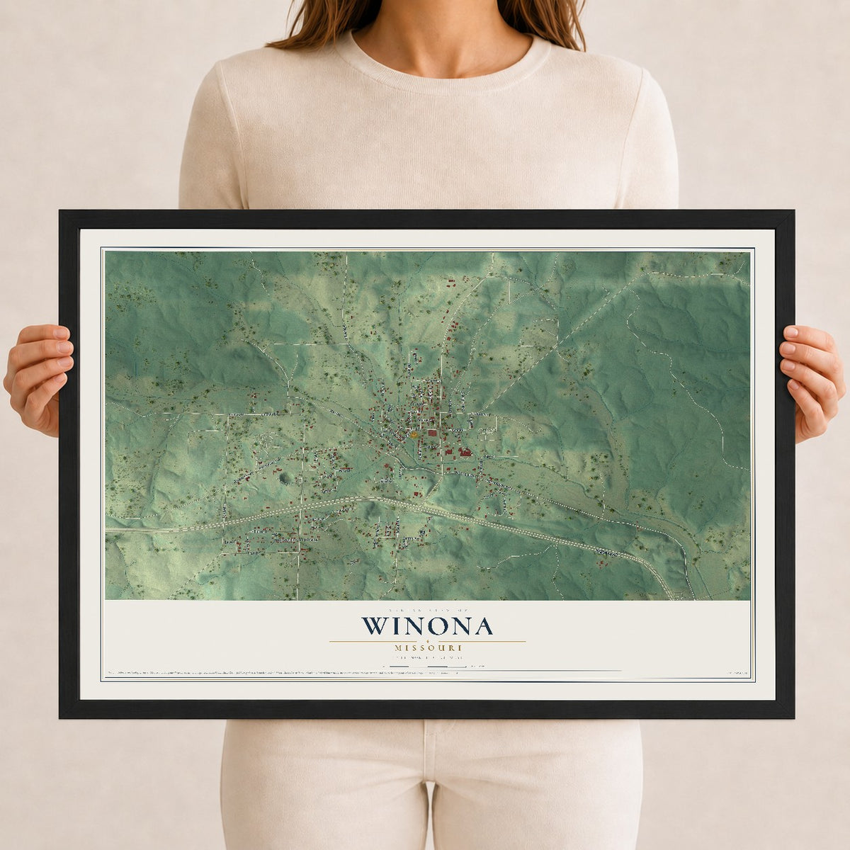 Map of Winona, Missouri, 12 x 18 inch print in a black wood frame
