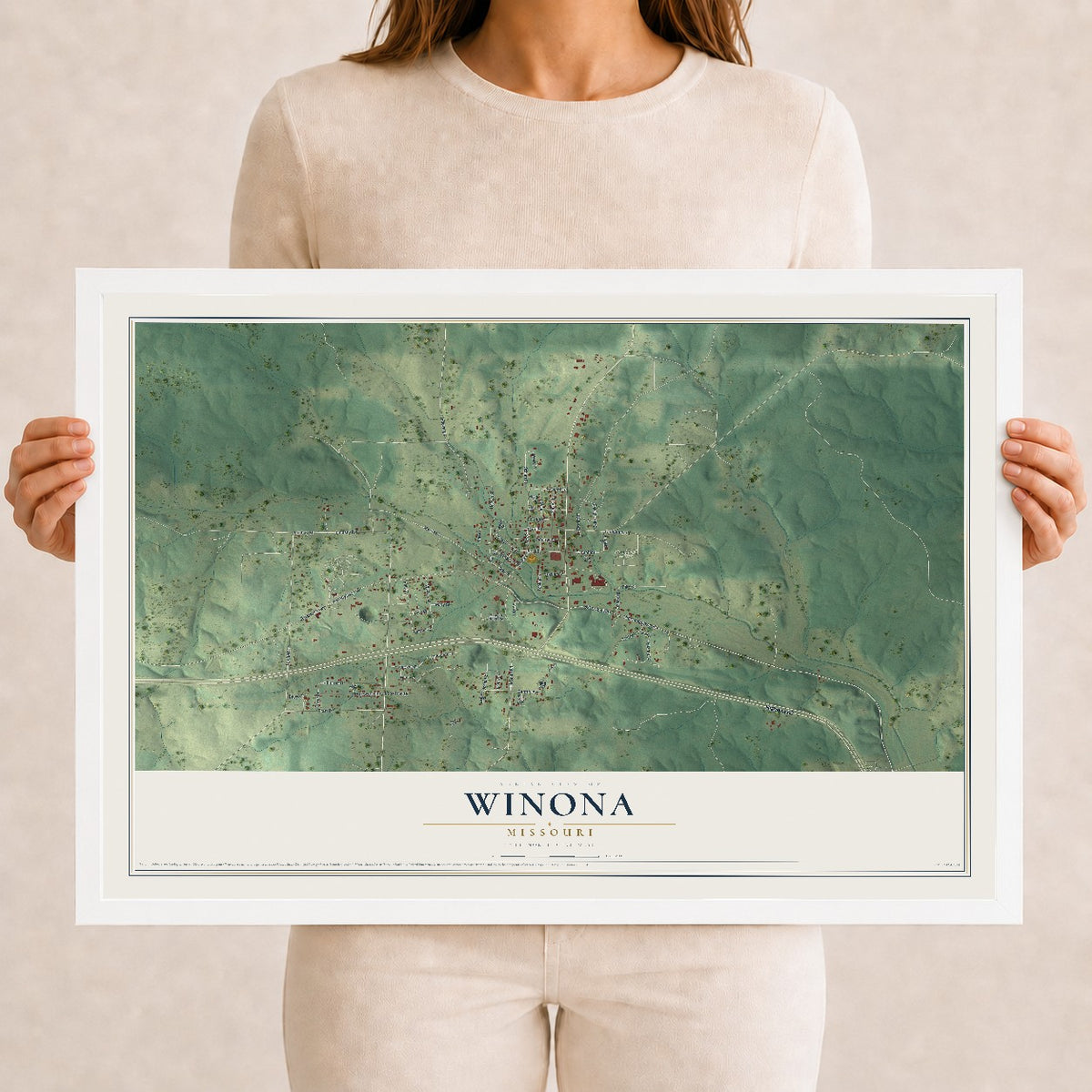 Map of Winona, Missouri, 12 x 18 inch print in a white wood frame