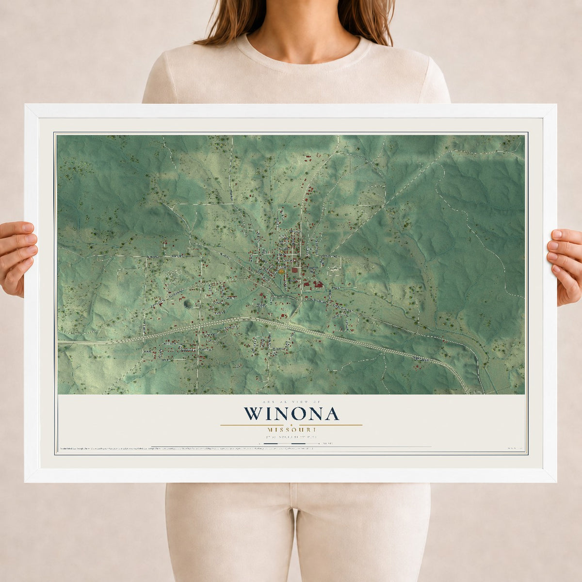Map of Winona, Missouri, 18 x 24 inch print in a white wood frame