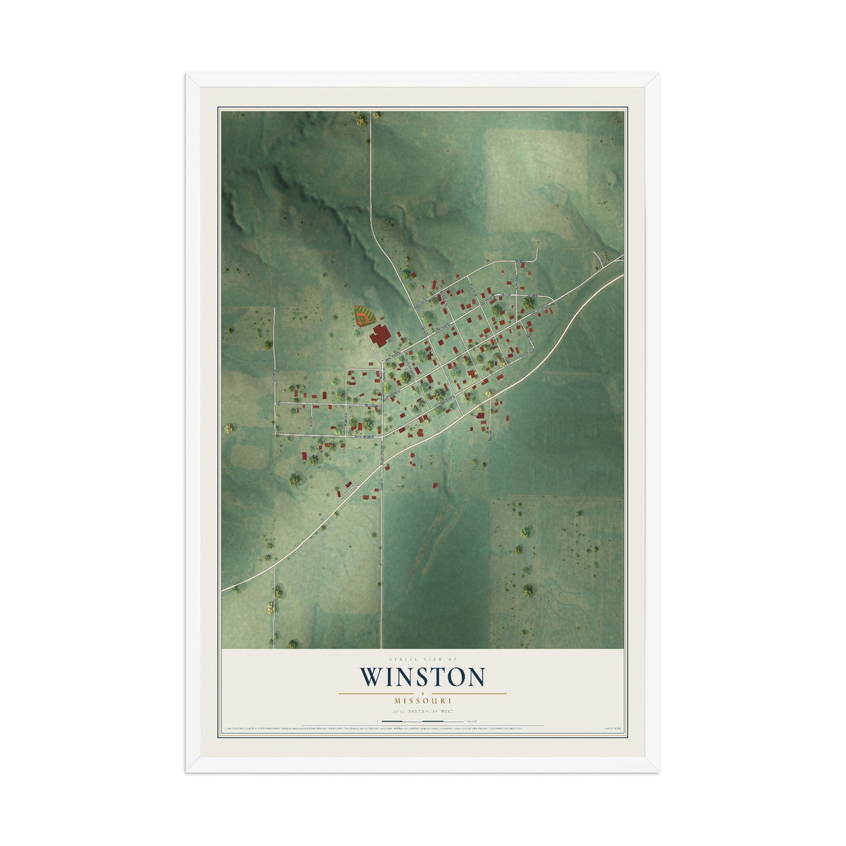 Map of Winston, Missouri, 12 x 18 inch print in a white wood frame