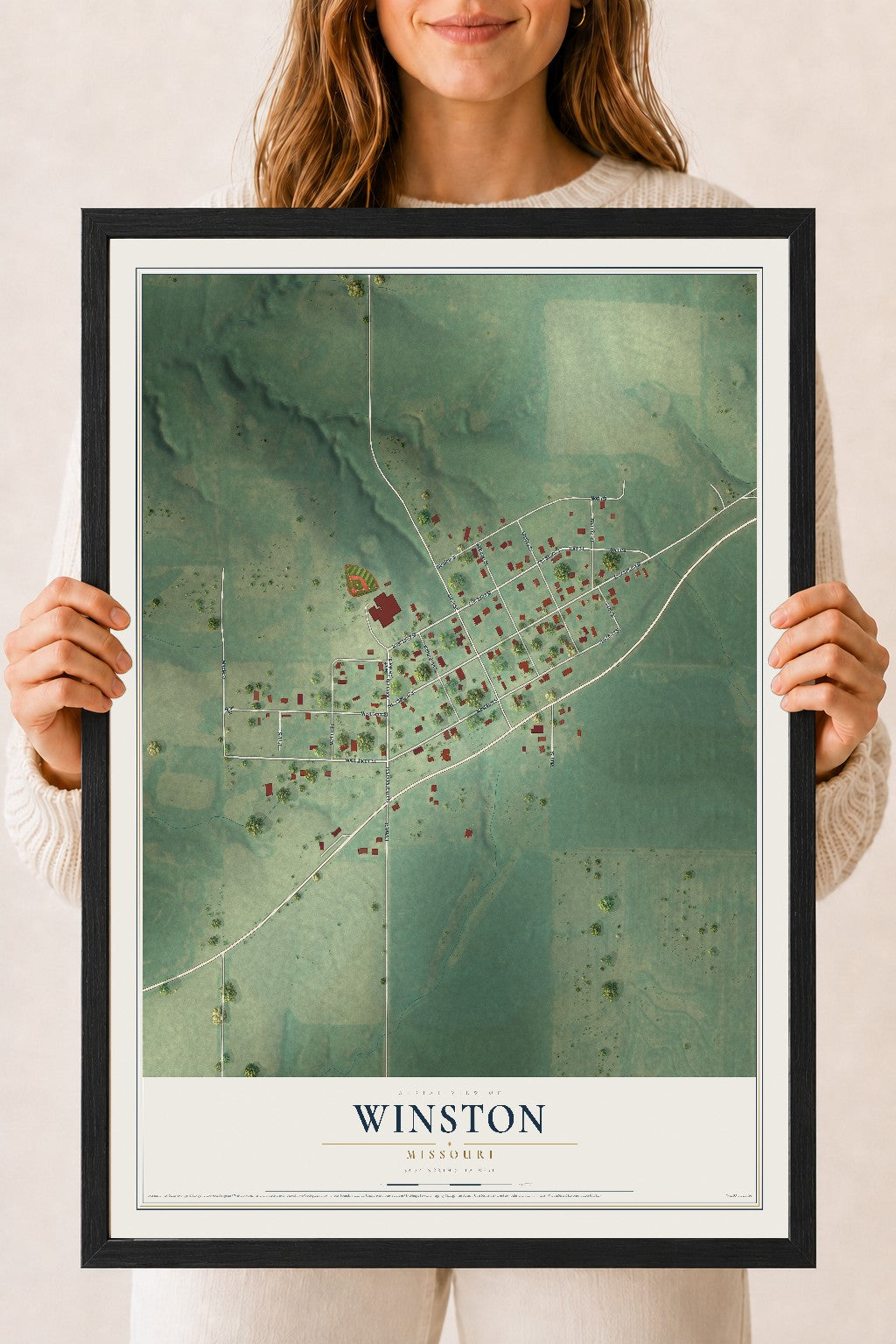 Map of Winston, Missouri, 18 x 24 inch print in a black wood frame