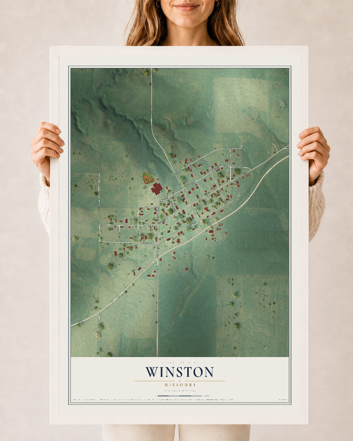 Map of Winston, Missouri, 24 x 36 inch print in a white wood frame