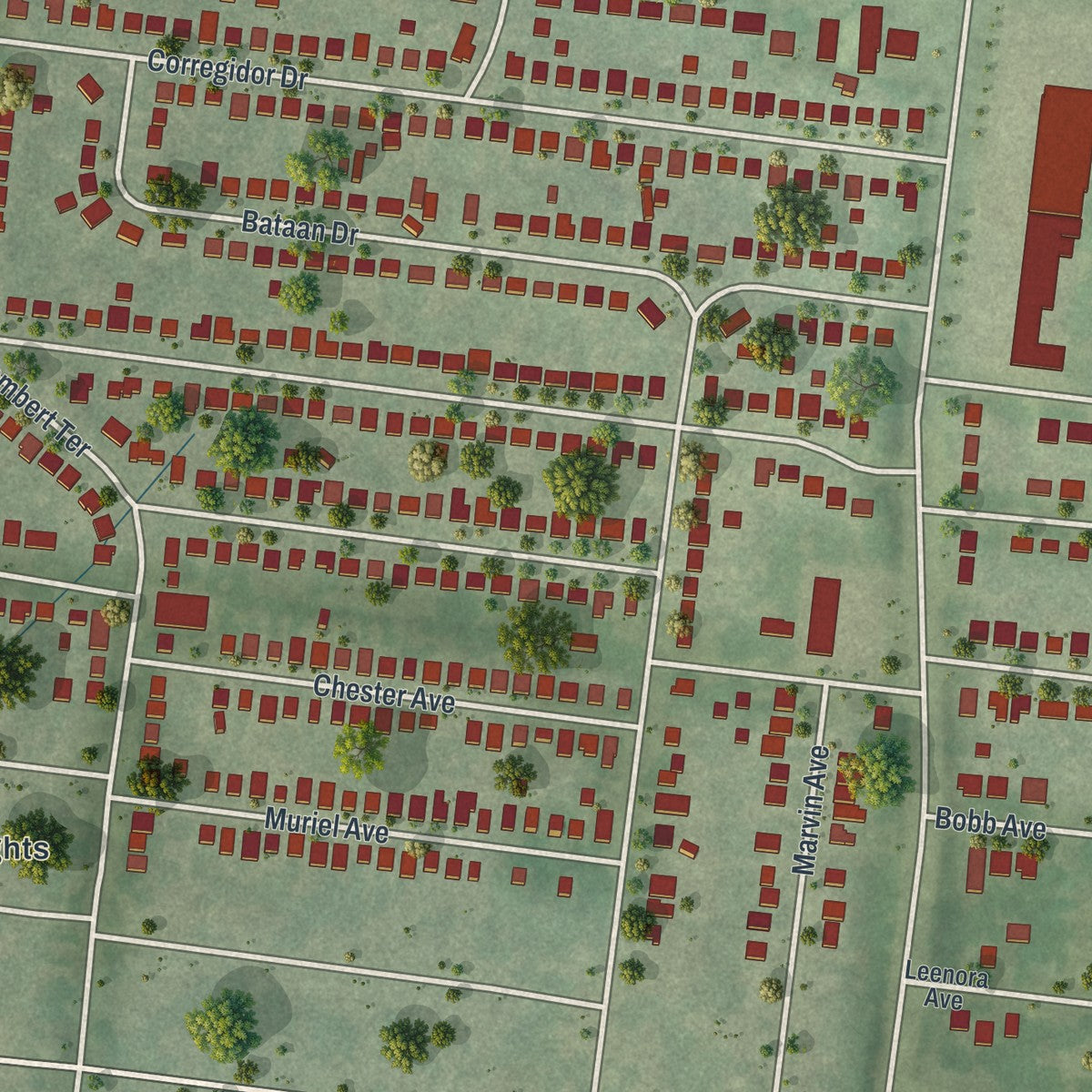 Close-up of the map of Woodson Terrace, Missouri print showing street and building detail