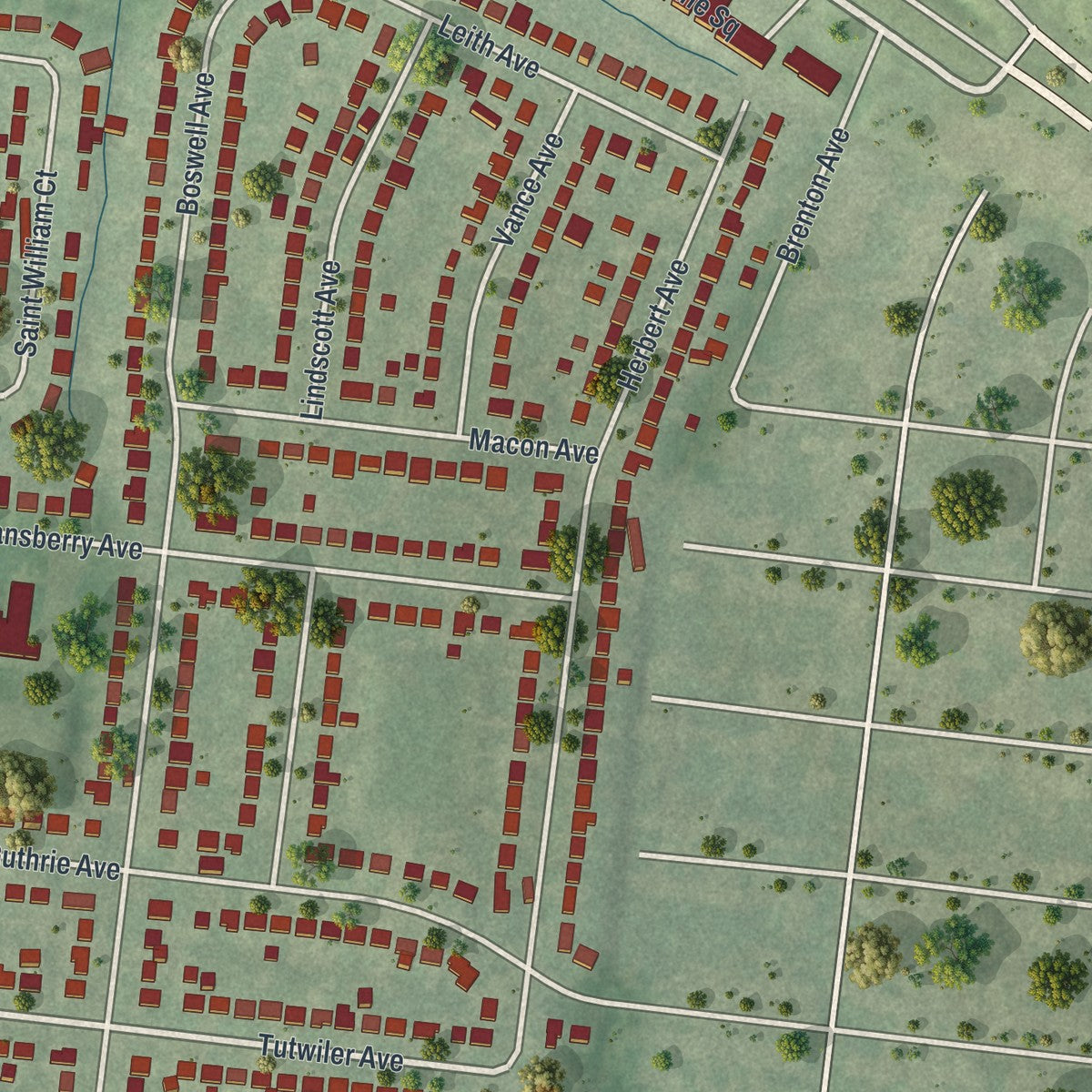 Second close-up of the map of Woodson Terrace, Missouri print showing more streets and buildings