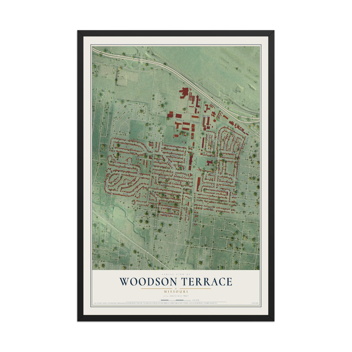 Map of Woodson Terrace, Missouri, 12 x 18 inch print in a black wood frame