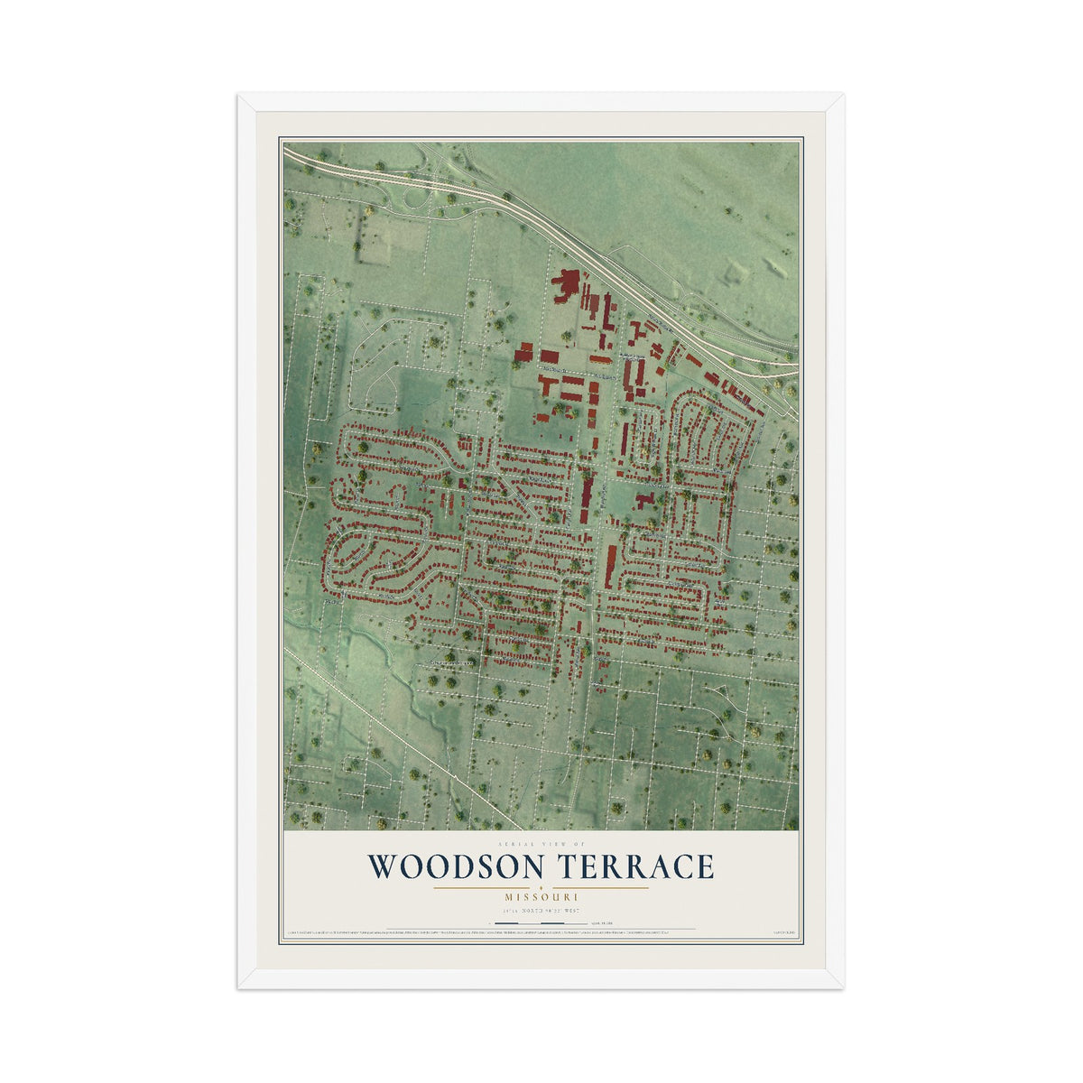 Map of Woodson Terrace, Missouri, 12 x 18 inch print in a white wood frame