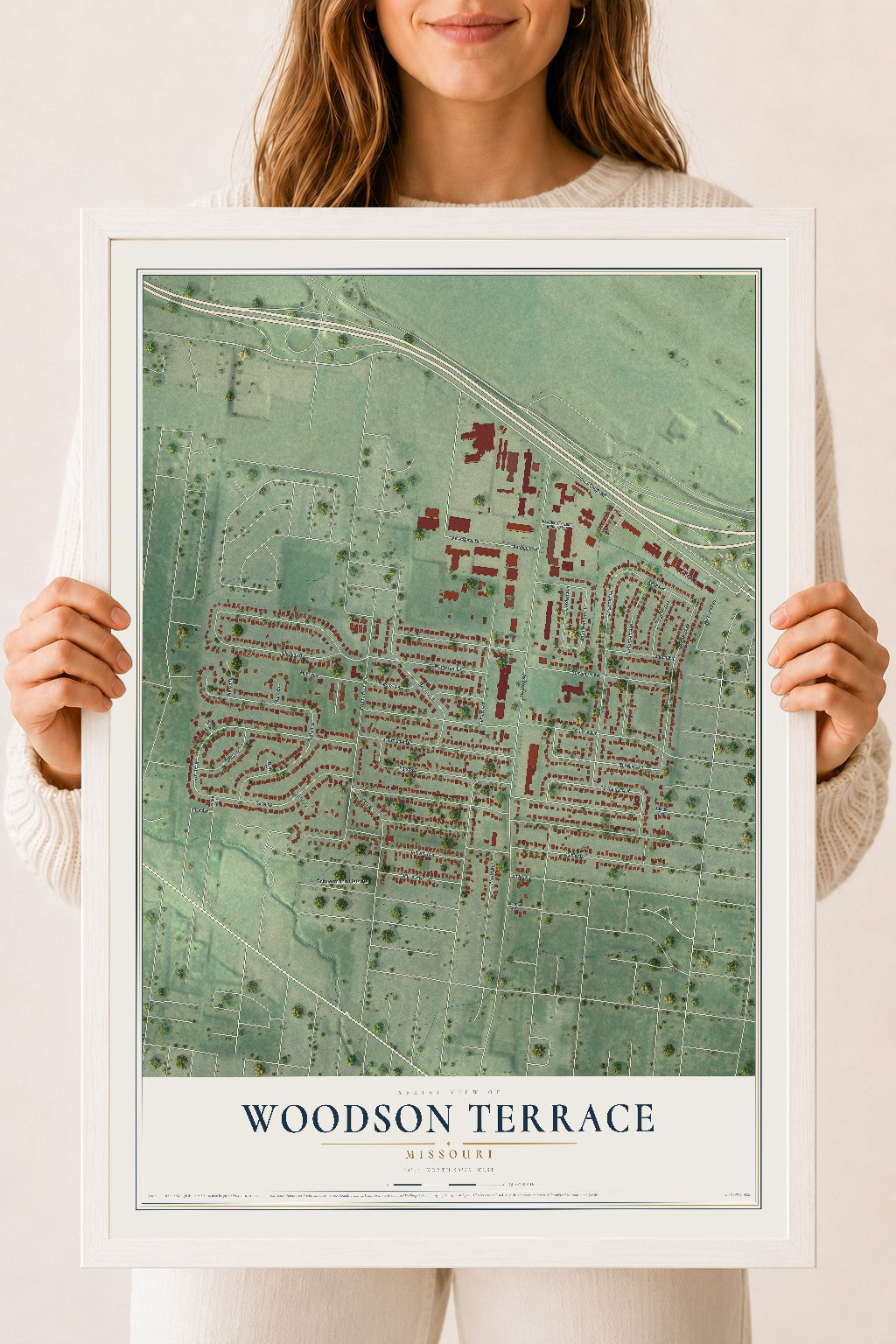 Map of Woodson Terrace, Missouri, 18 x 24 inch print in a white wood frame