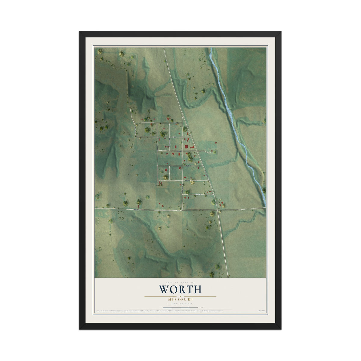 Map of Worth, Missouri, 12 x 18 inch print in a black wood frame