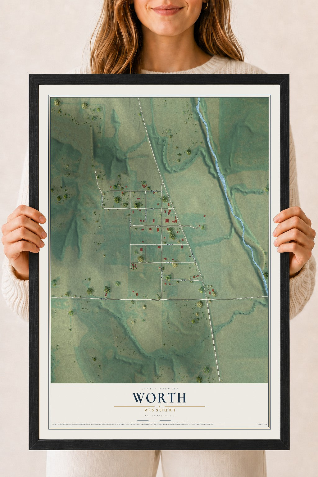 Map of Worth, Missouri, 18 x 24 inch print in a black wood frame