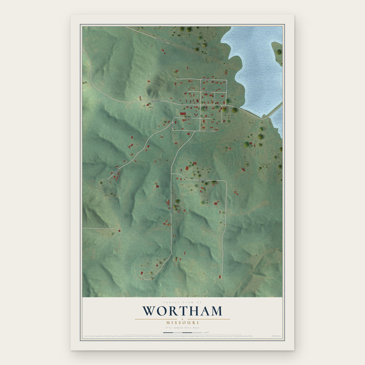 Wortham, Missouri map print, the full design