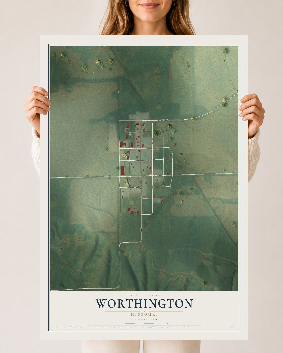 Map of Worthington, Missouri, 24 x 36 inch unframed archival matte print