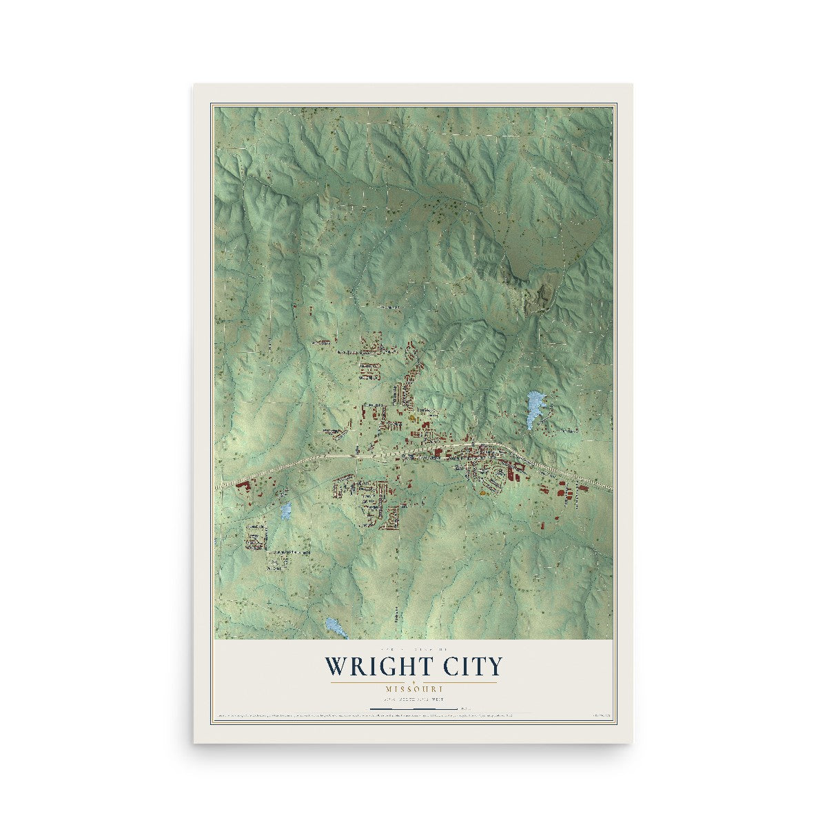 Map of Wright City, Missouri, 12 x 18 inch unframed archival matte print