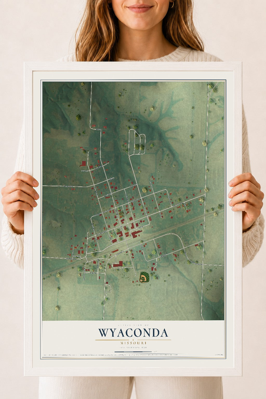 Map of Wyaconda, Missouri, 18 x 24 inch print in a white wood frame
