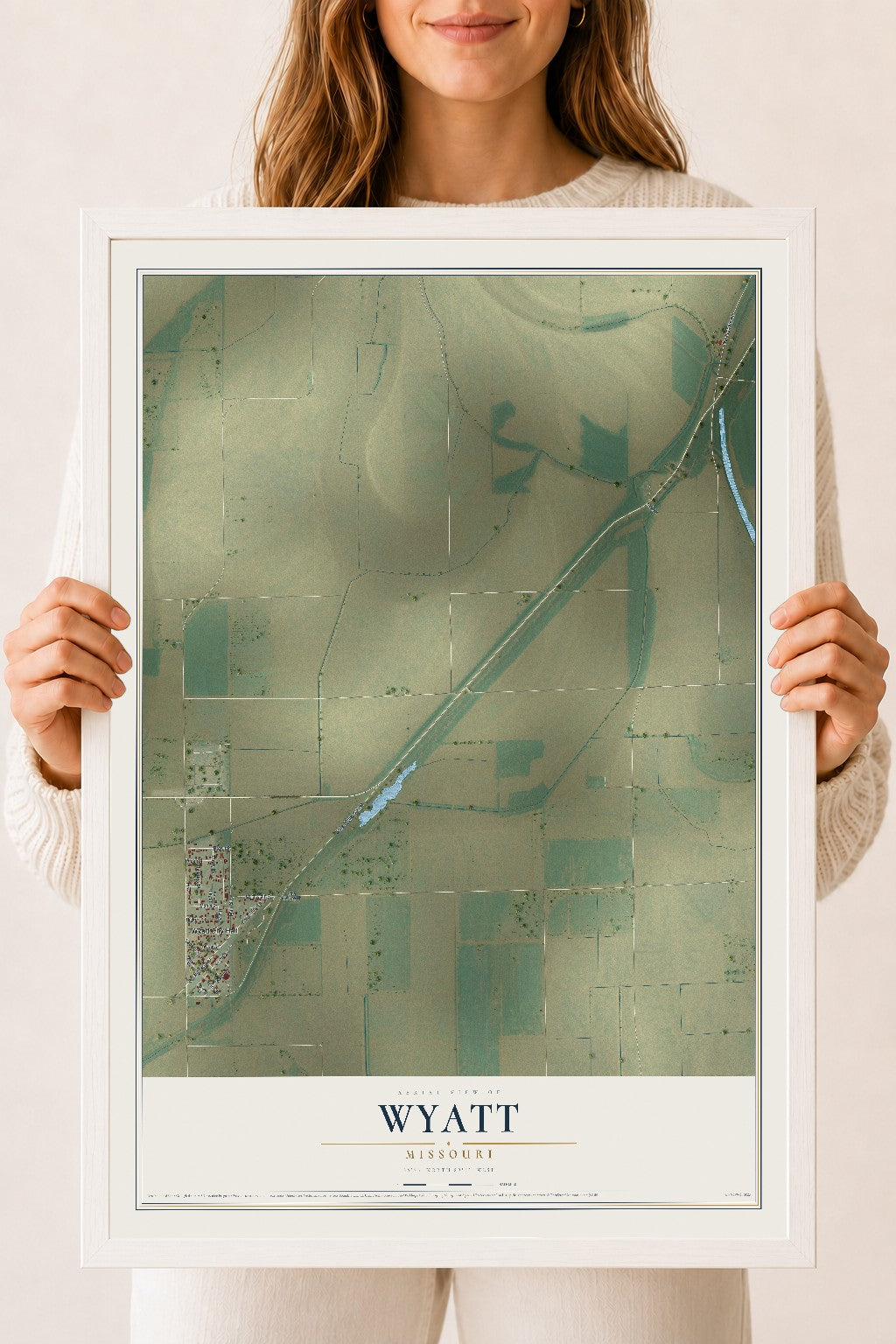 Map of Wyatt, Missouri, 18 x 24 inch print in a white wood frame