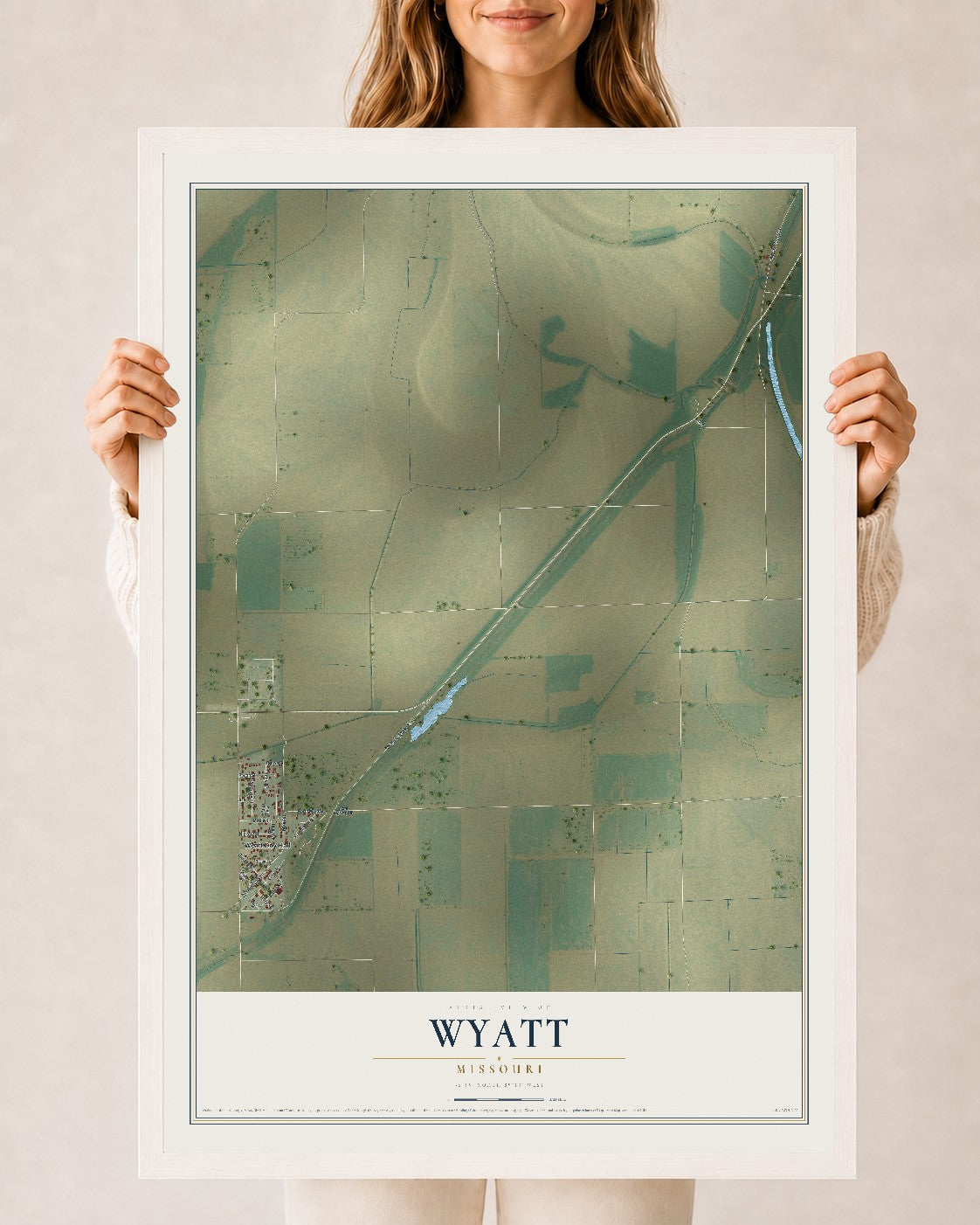 Map of Wyatt, Missouri, 24 x 36 inch print in a white wood frame
