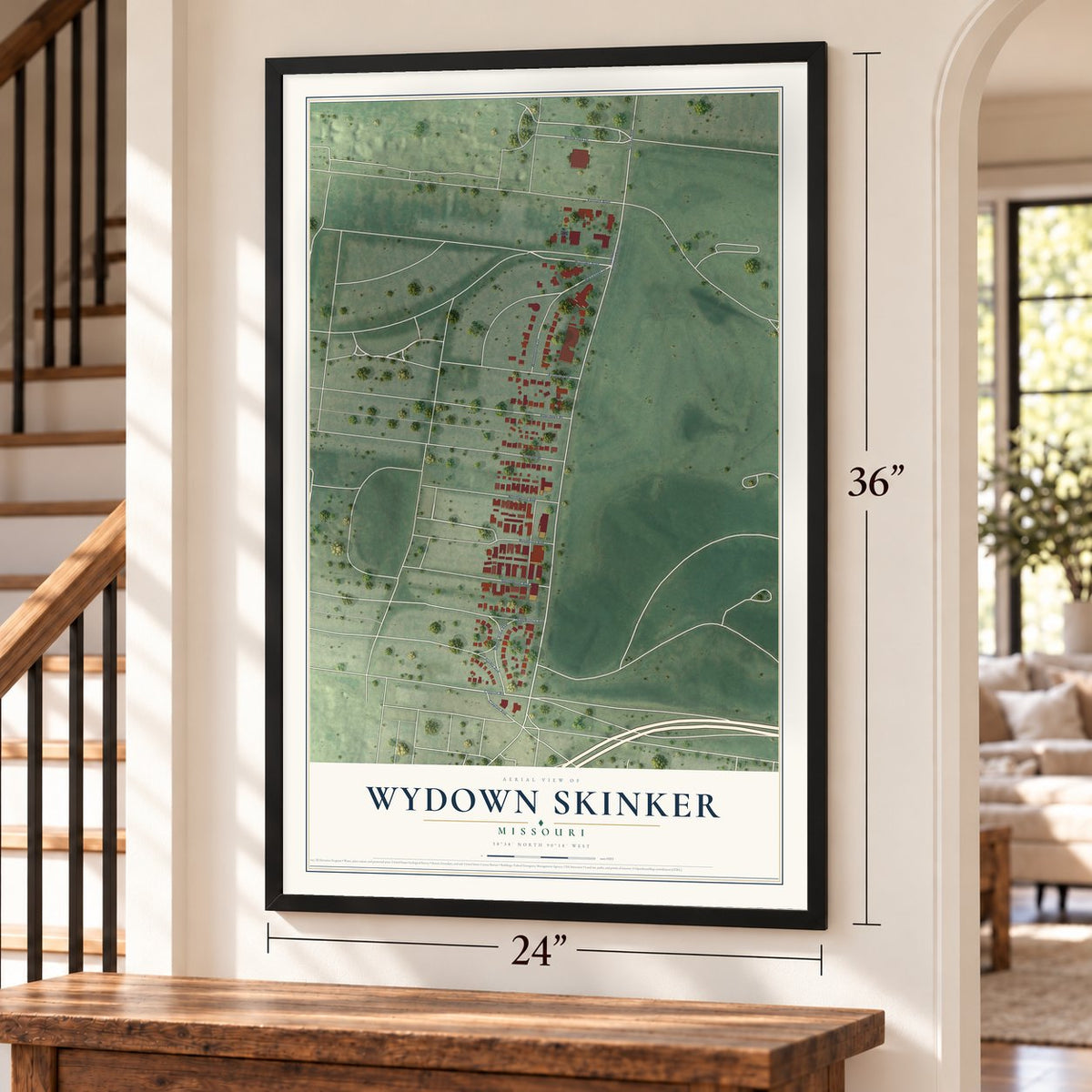 Wydown Skinker, Missouri map, 24 x 36 inch print in a black frame by a staircase