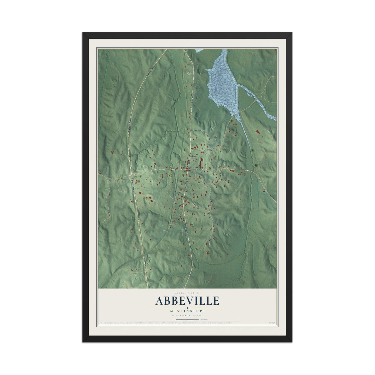 Map of Abbeville, Mississippi, 12 x 18 inch print in a black wood frame